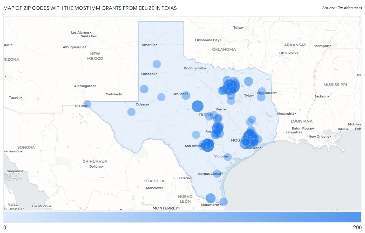 Zip Codes with the Most Immigrants from Belize in Texas Map