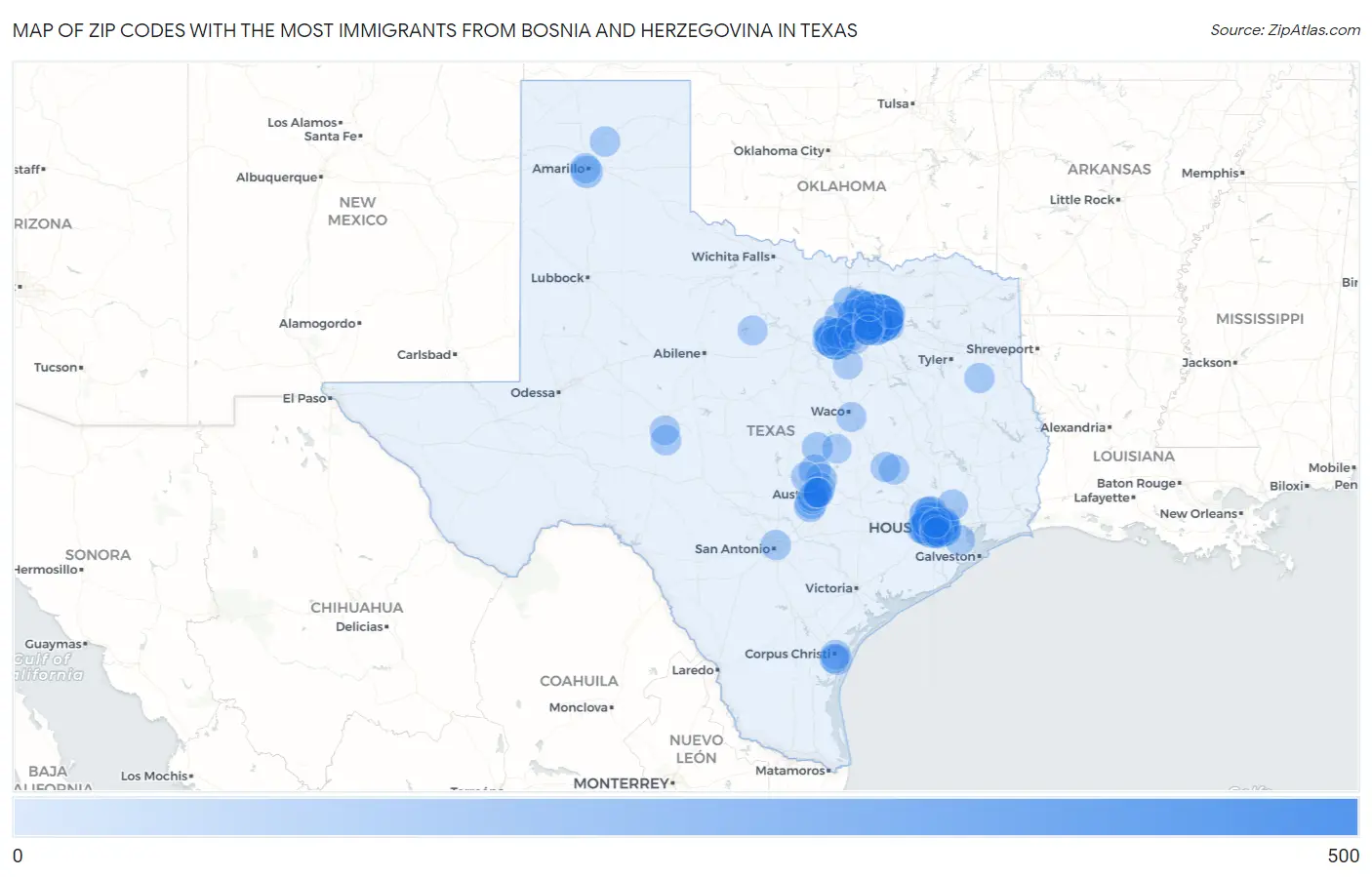 Zip Codes with the Most Immigrants from Bosnia and Herzegovina in Texas Map
