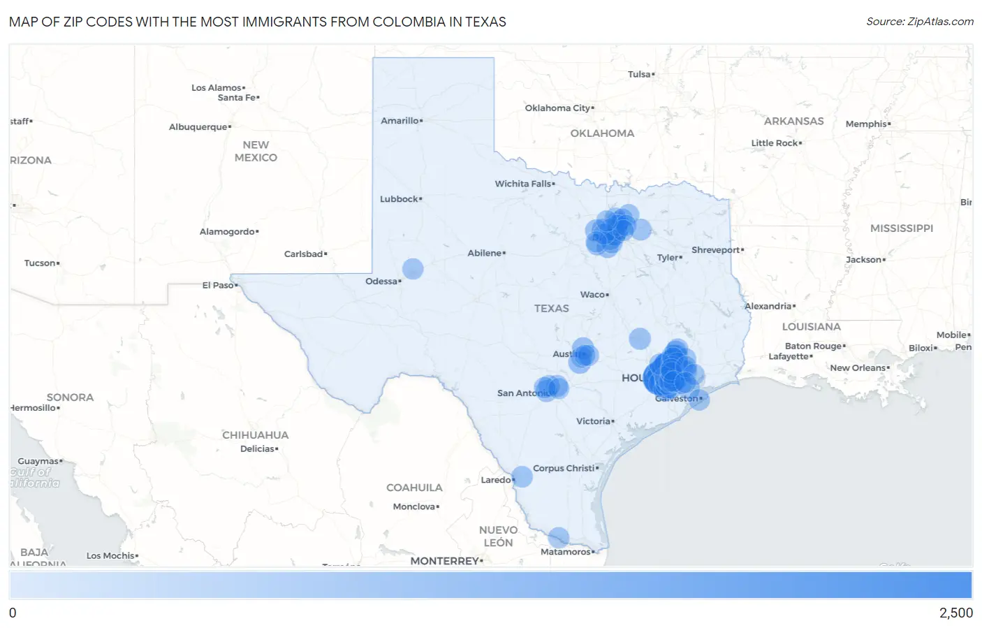 Zip Codes with the Most Immigrants from Colombia in Texas Map