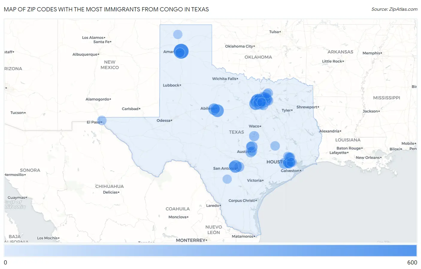 Zip Codes with the Most Immigrants from Congo in Texas Map