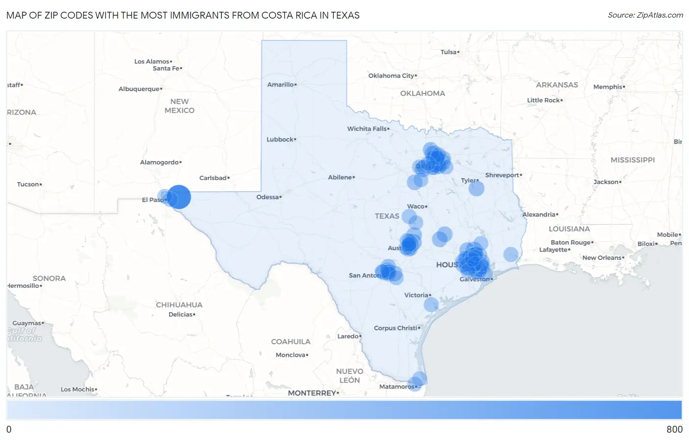 Zip Codes with the Most Immigrants from Costa Rica in Texas Map