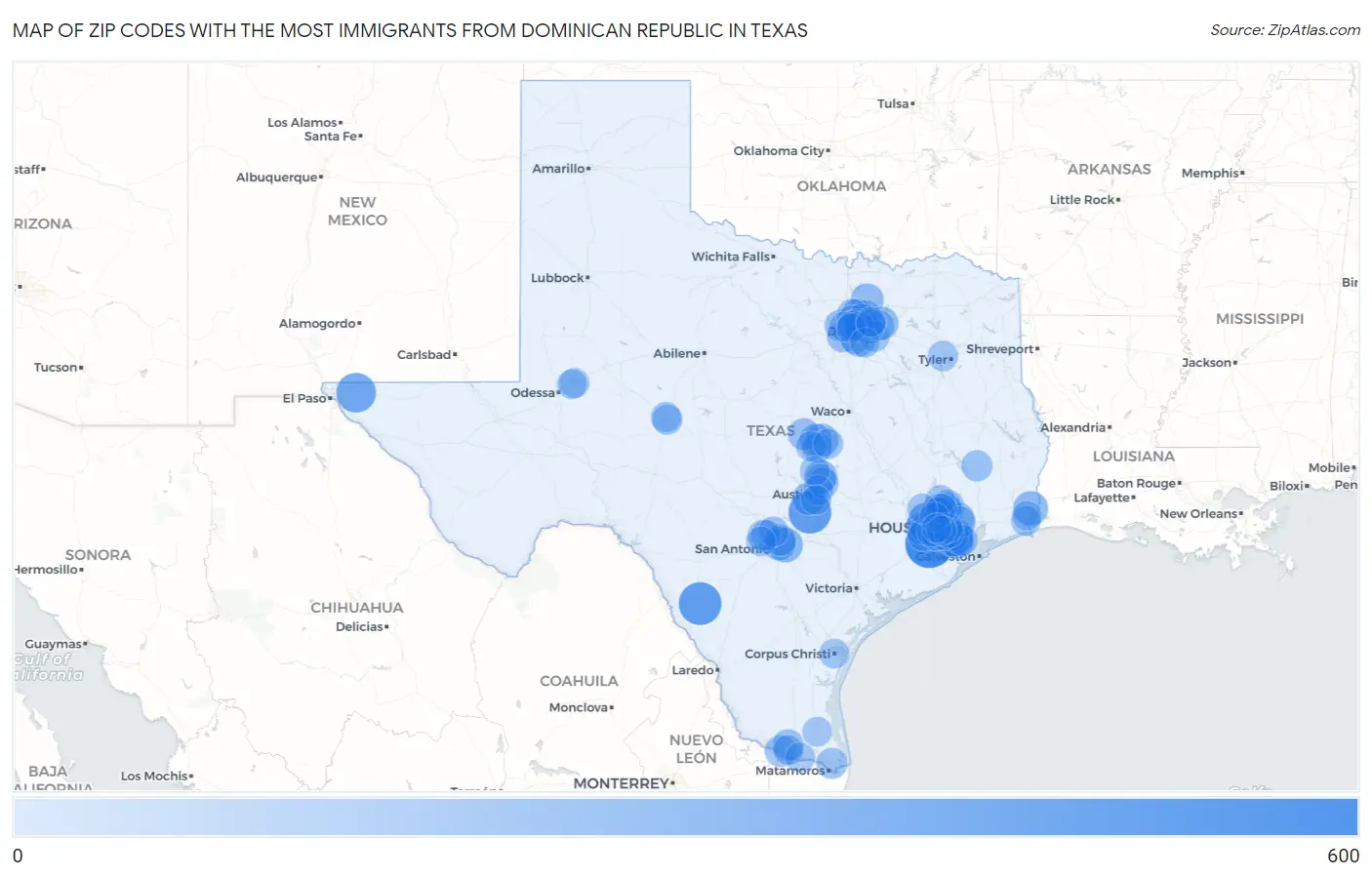 Zip Codes with the Most Immigrants from Dominican Republic in Texas Map