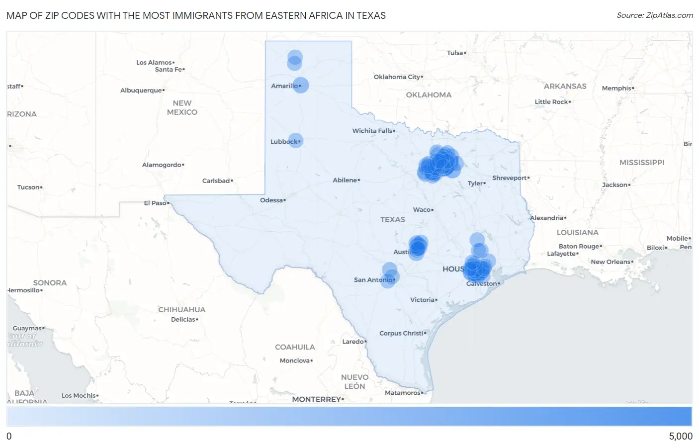 Zip Codes with the Most Immigrants from Eastern Africa in Texas Map