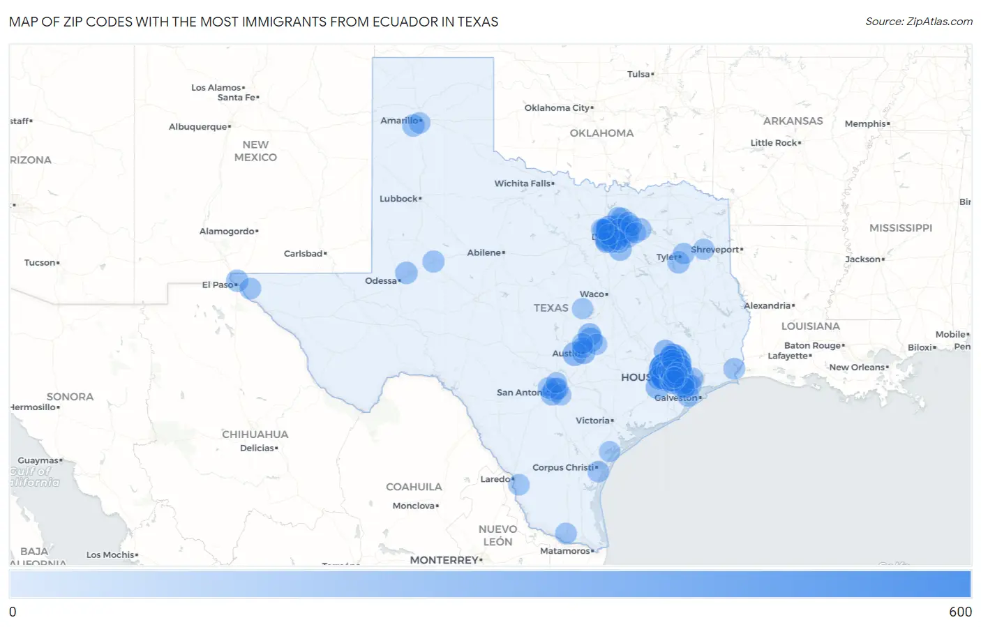 Zip Codes with the Most Immigrants from Ecuador in Texas Map