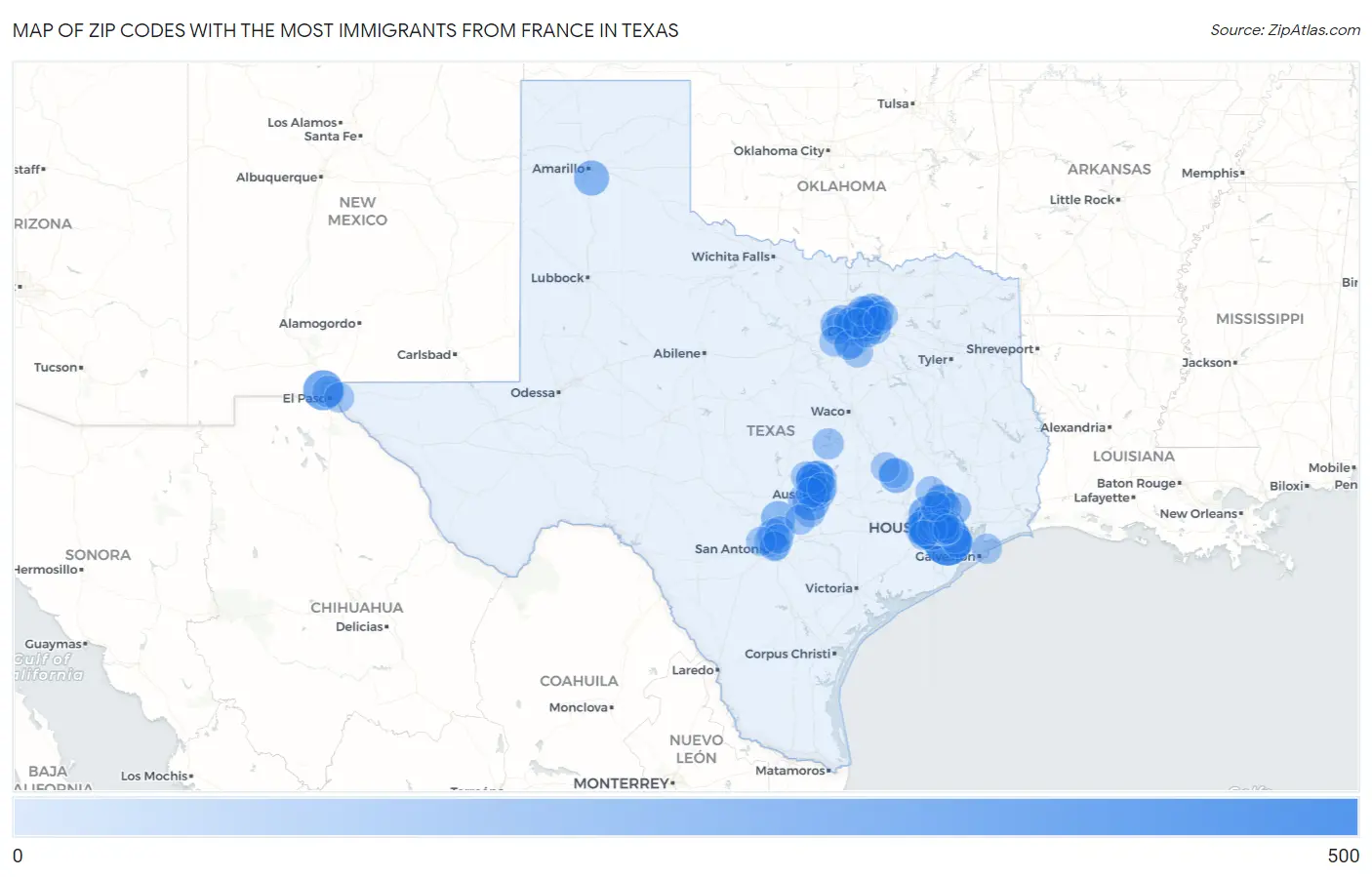 Zip Codes with the Most Immigrants from France in Texas Map