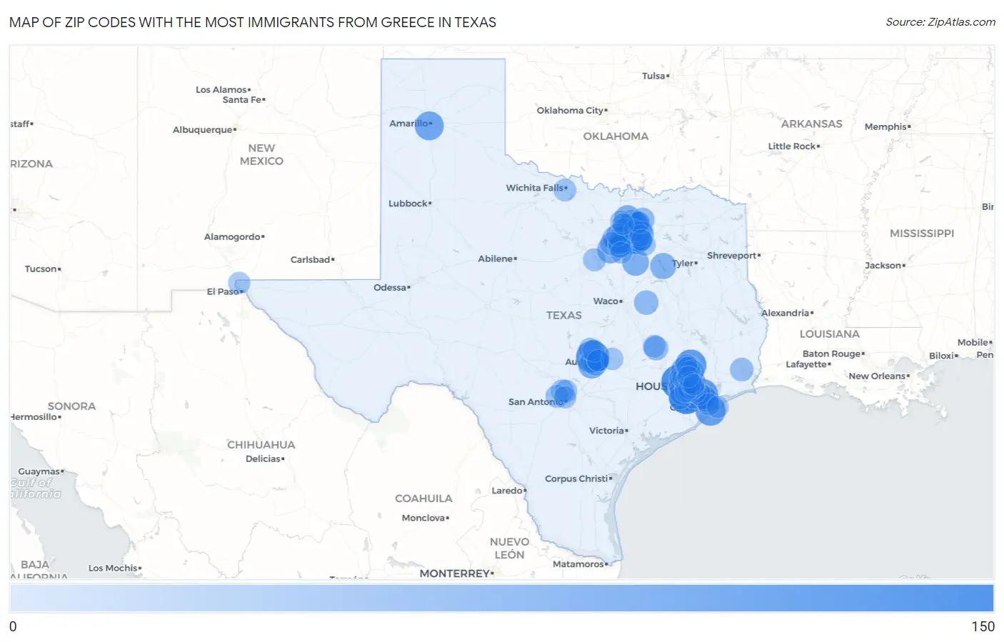 Zip Codes with the Most Immigrants from Greece in Texas Map