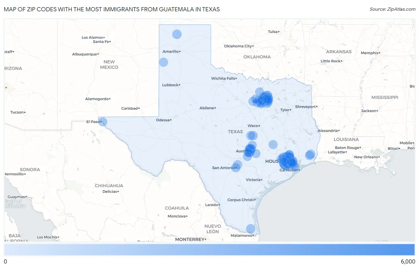 Zip Codes with the Most Immigrants from Guatemala in Texas Map
