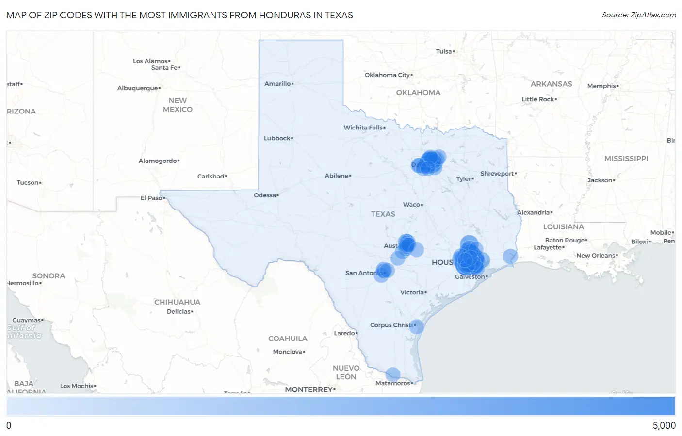 Zip Codes with the Most Immigrants from Honduras in Texas Map