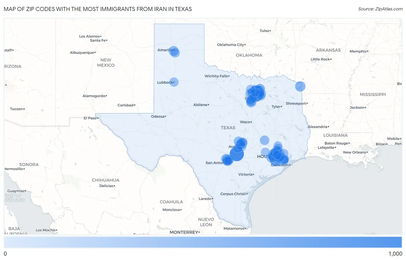 Zip Codes with the Most Immigrants from Iran in Texas Map