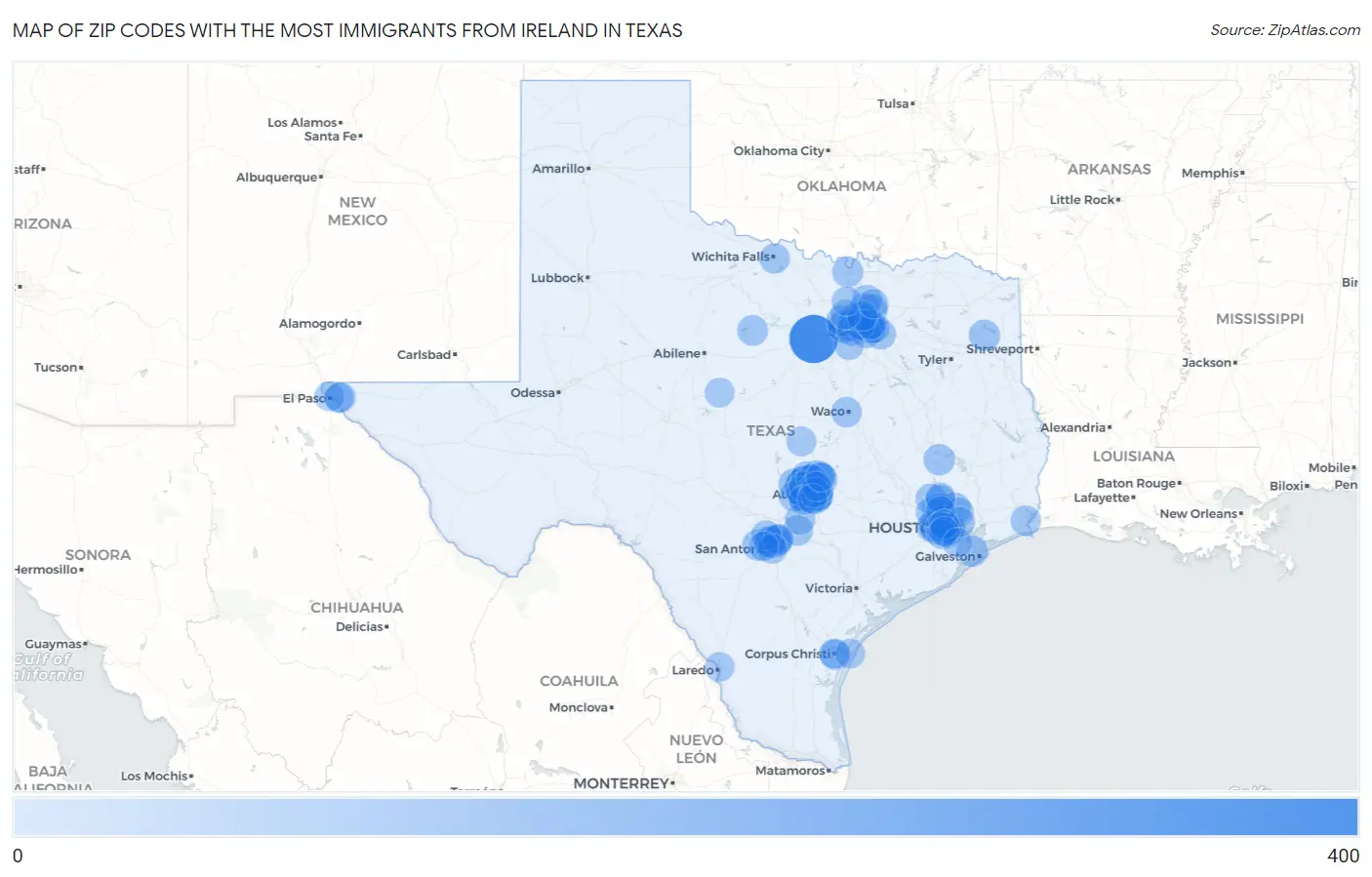 Zip Codes with the Most Immigrants from Ireland in Texas Map