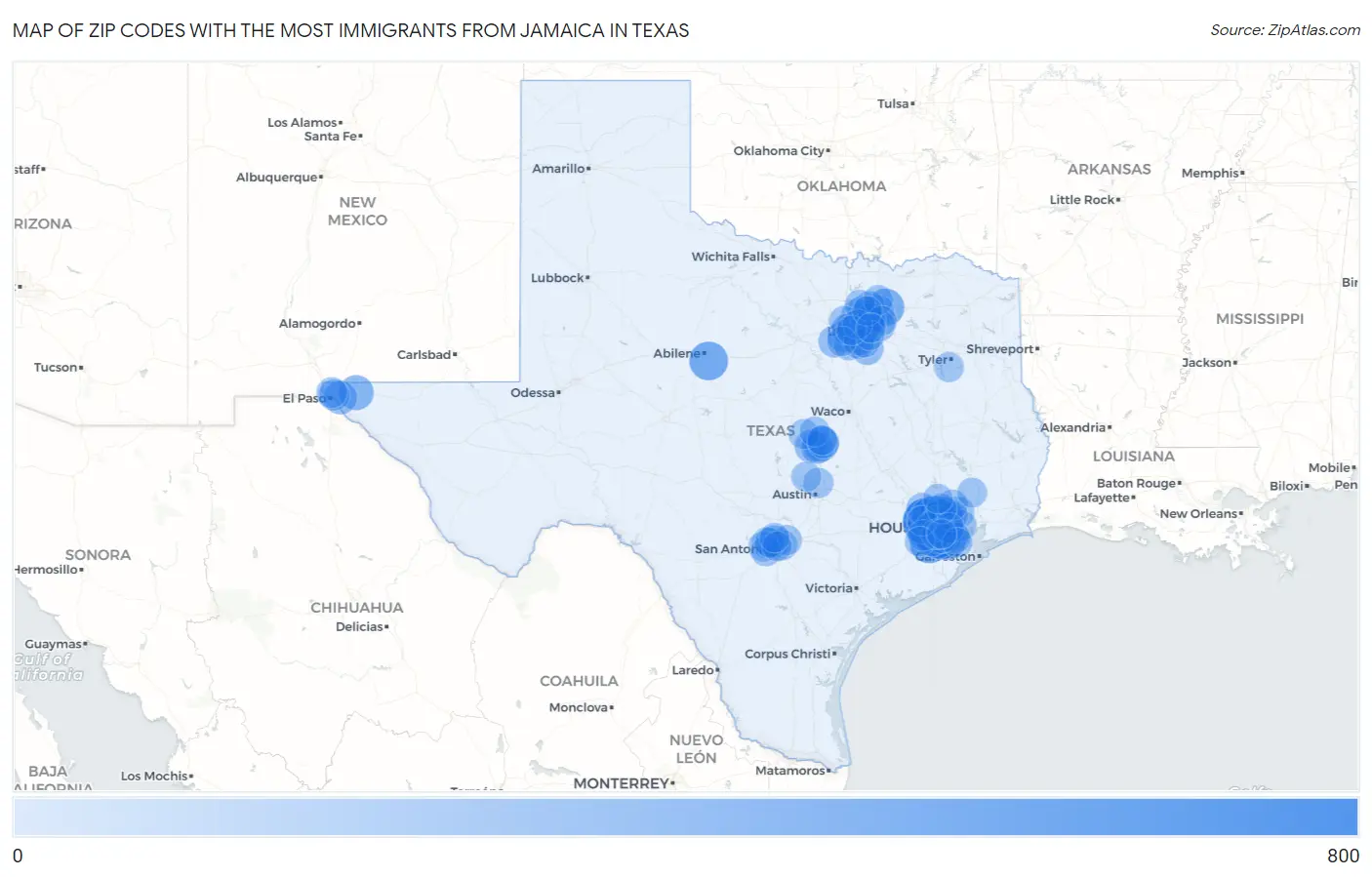 Zip Codes with the Most Immigrants from Jamaica in Texas Map