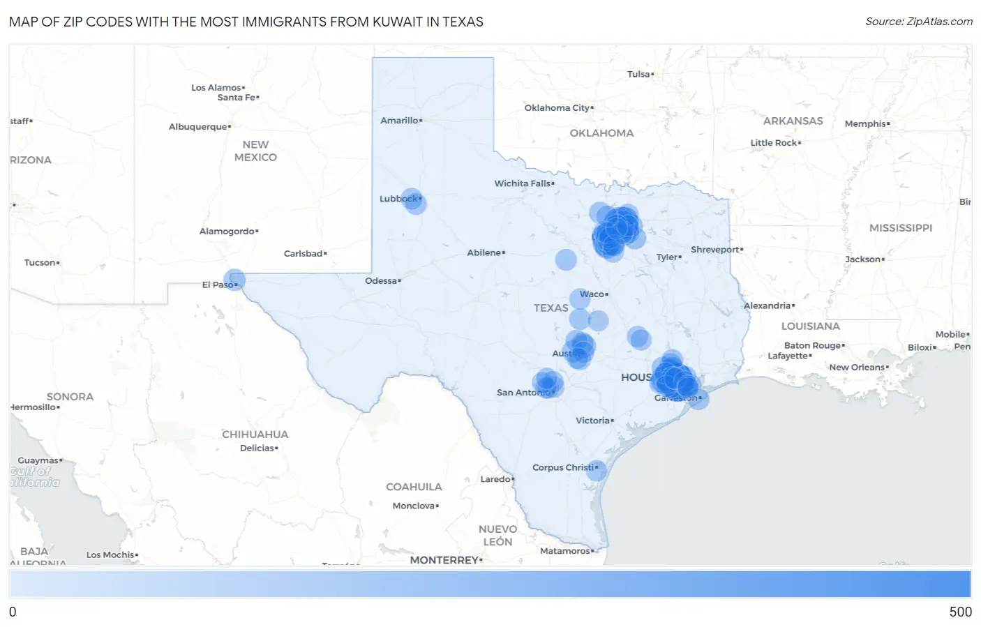Zip Codes with the Most Immigrants from Kuwait in Texas Map