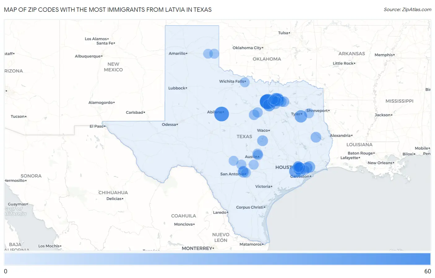 Zip Codes with the Most Immigrants from Latvia in Texas Map