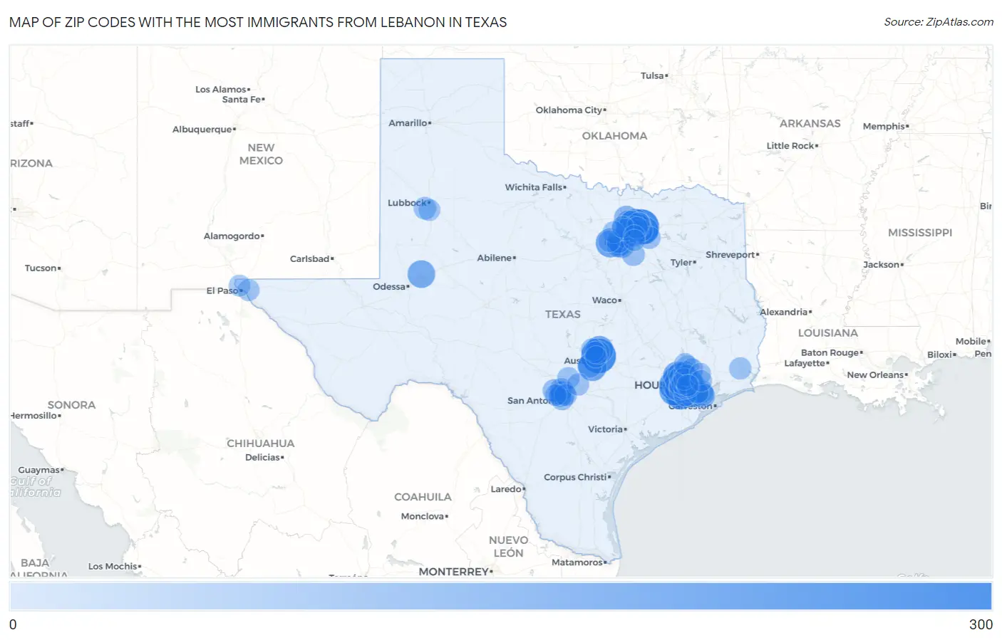 Zip Codes with the Most Immigrants from Lebanon in Texas Map