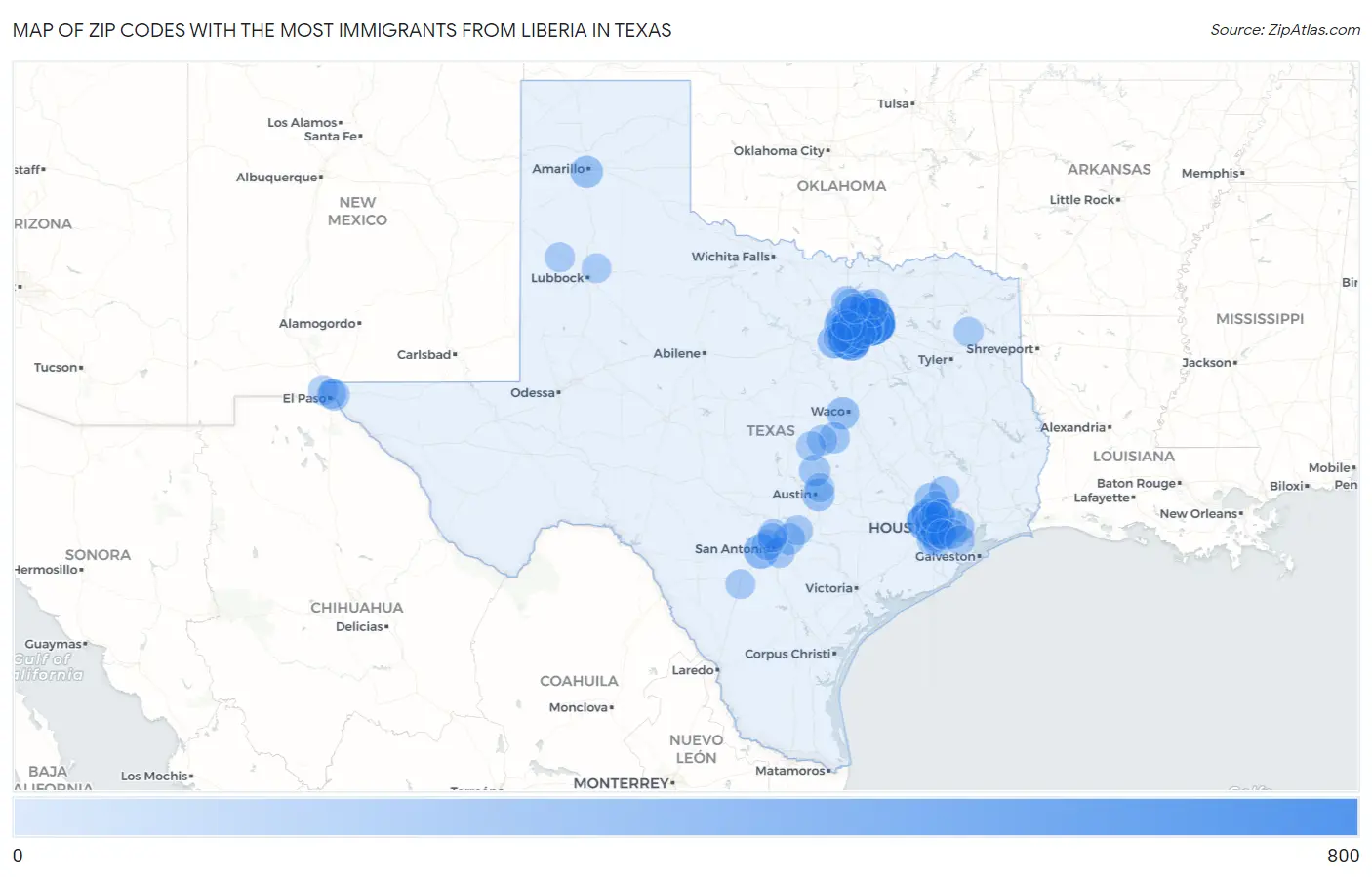 Zip Codes with the Most Immigrants from Liberia in Texas Map