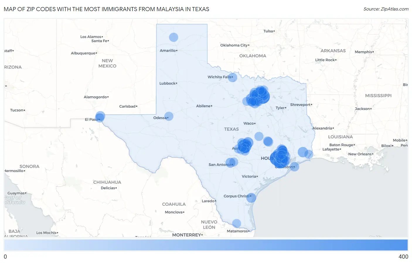 Zip Codes with the Most Immigrants from Malaysia in Texas Map
