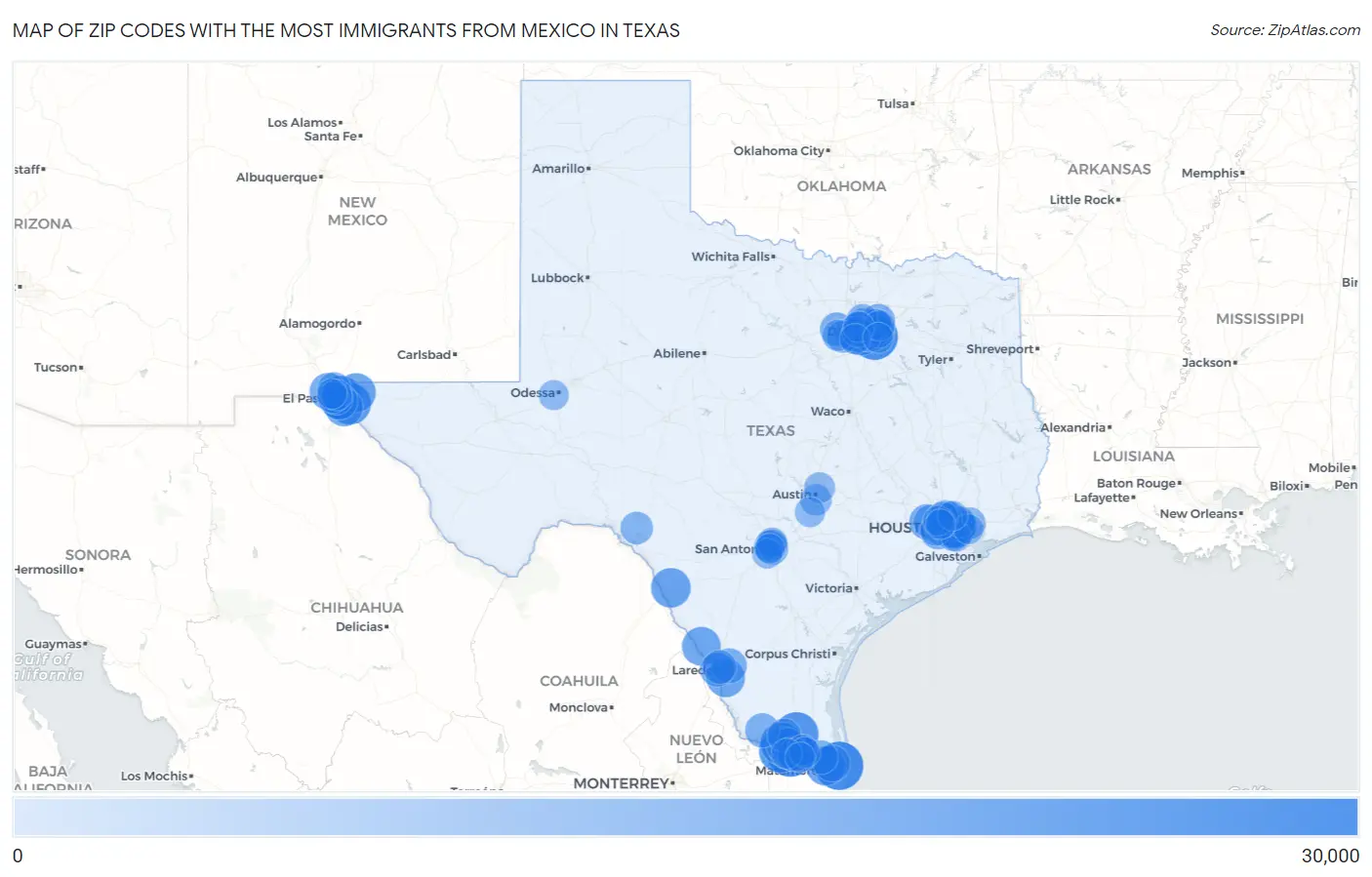 Zip Codes with the Most Immigrants from Mexico in Texas Map