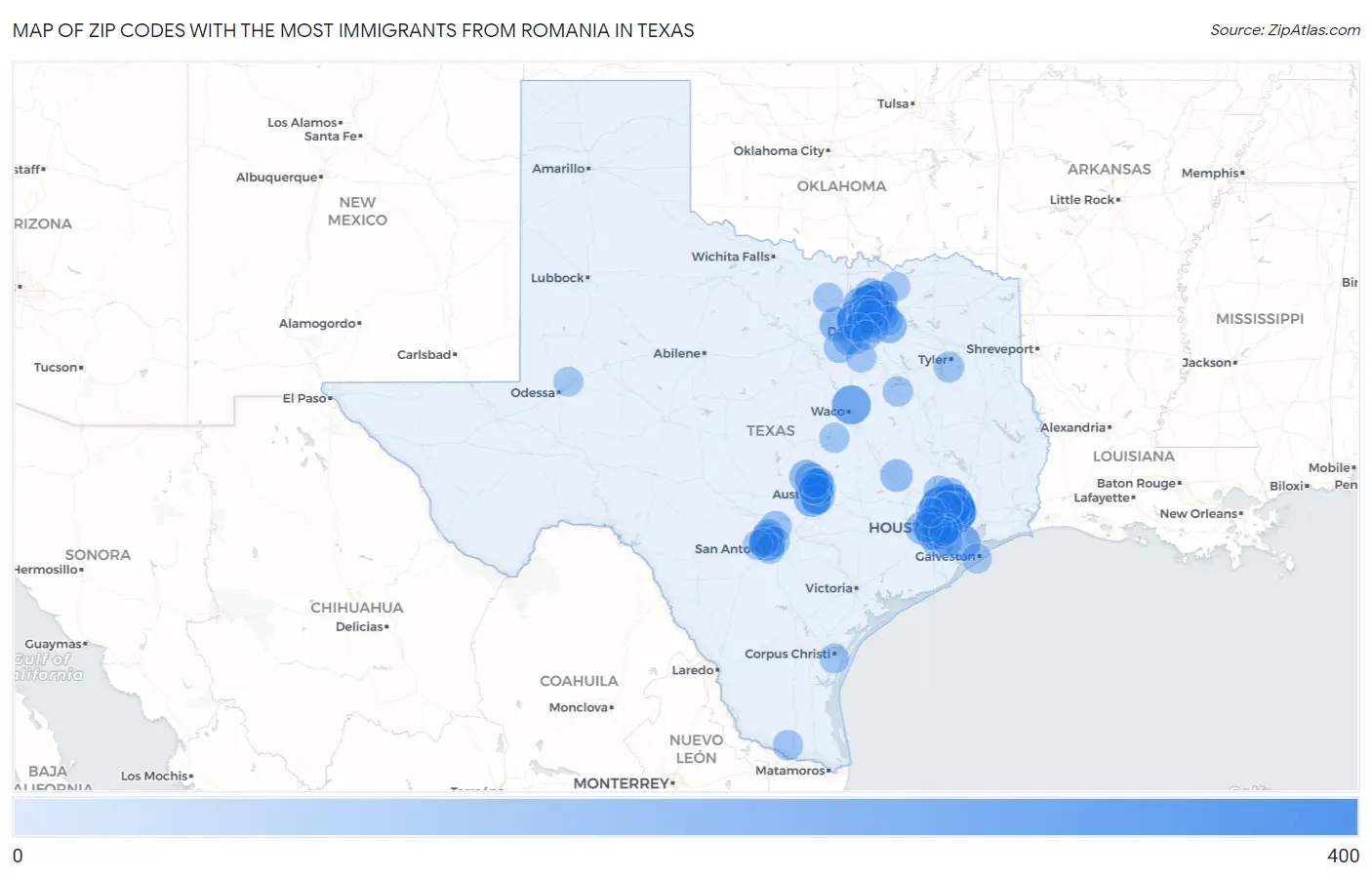 Zip Codes with the Most Immigrants from Romania in Texas Map