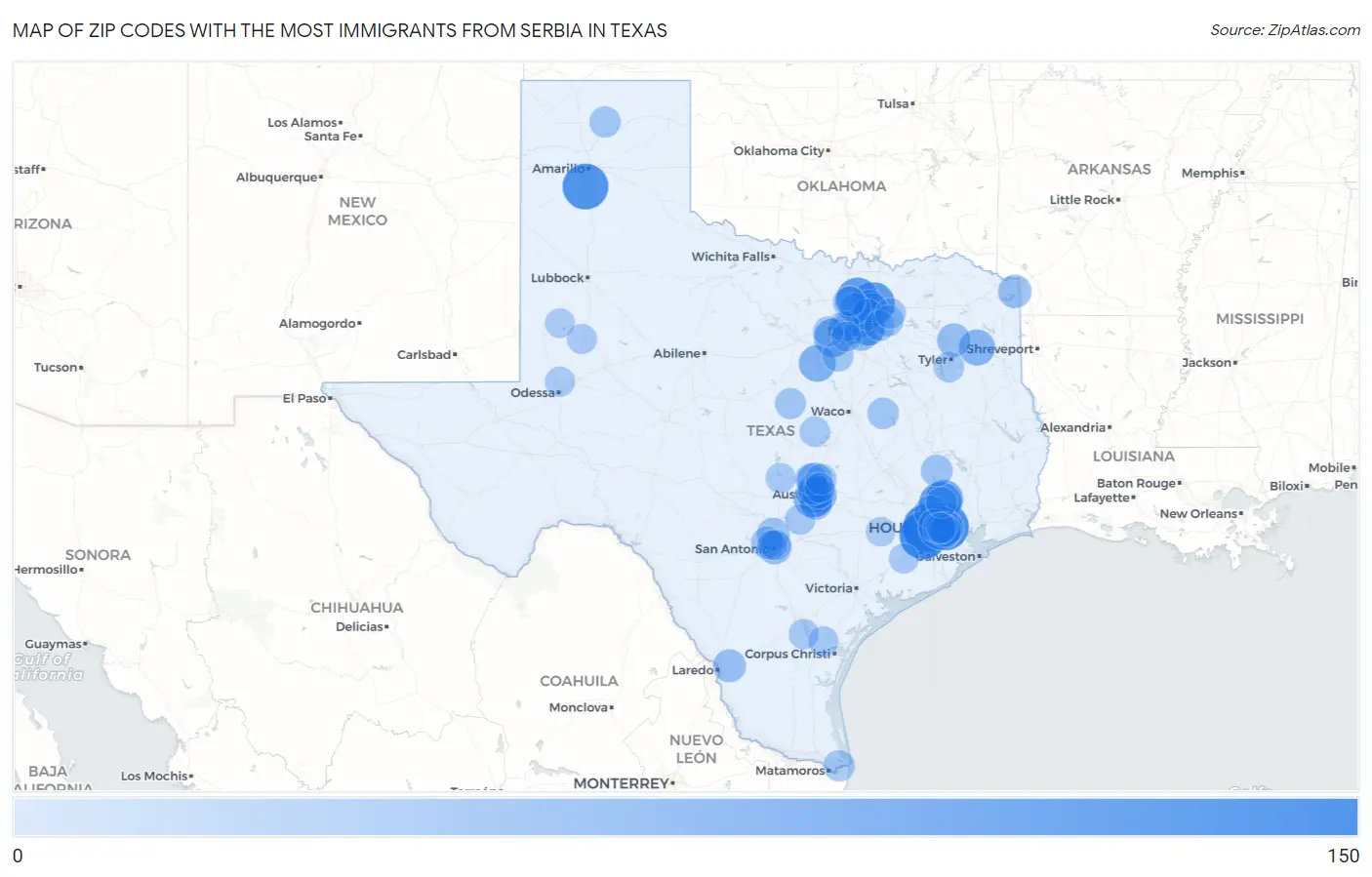 Zip Codes with the Most Immigrants from Serbia in Texas Map