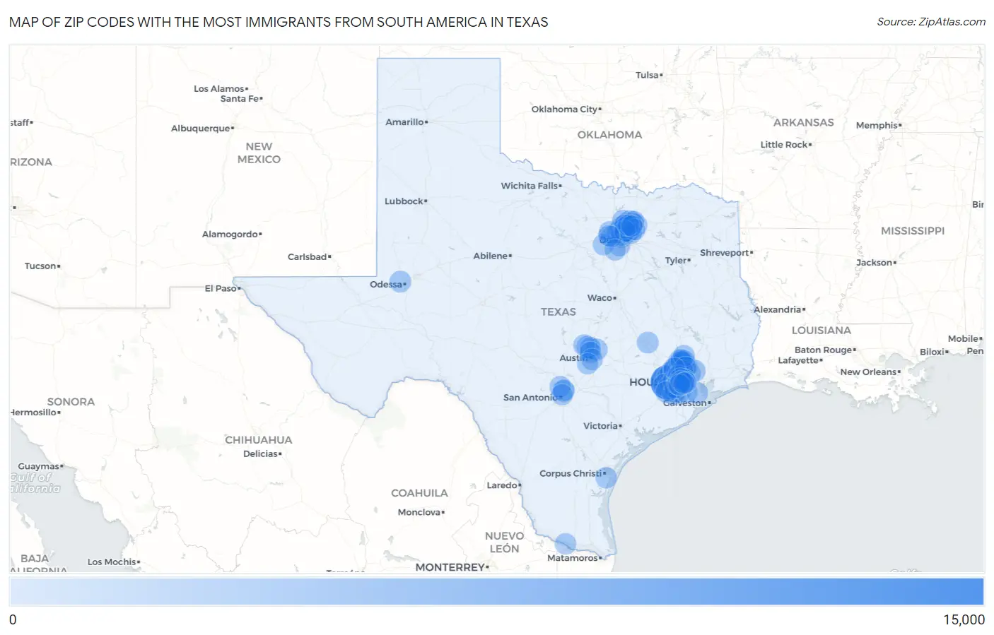 Zip Codes with the Most Immigrants from South America in Texas Map