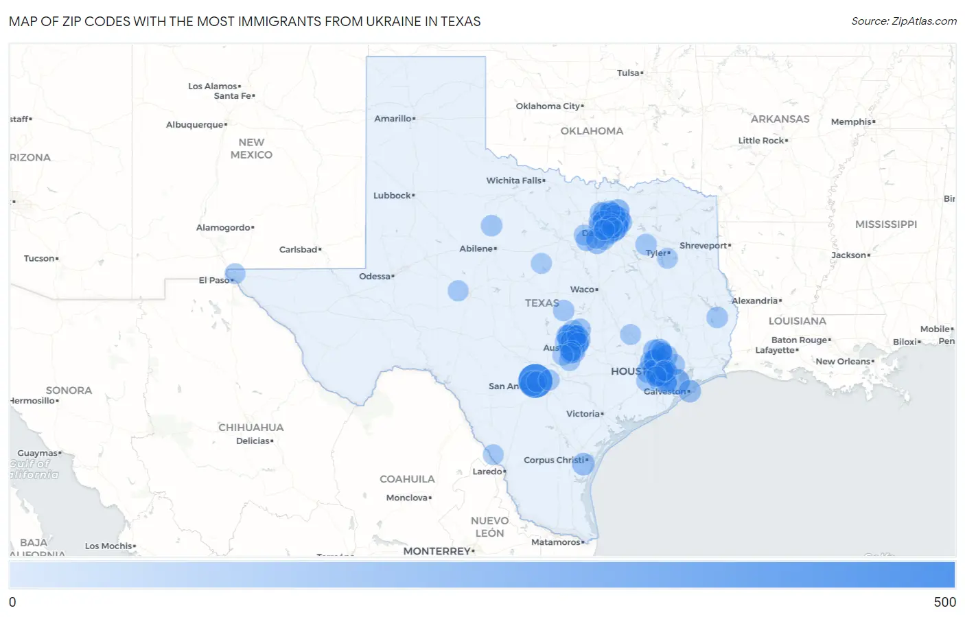 Zip Codes with the Most Immigrants from Ukraine in Texas Map