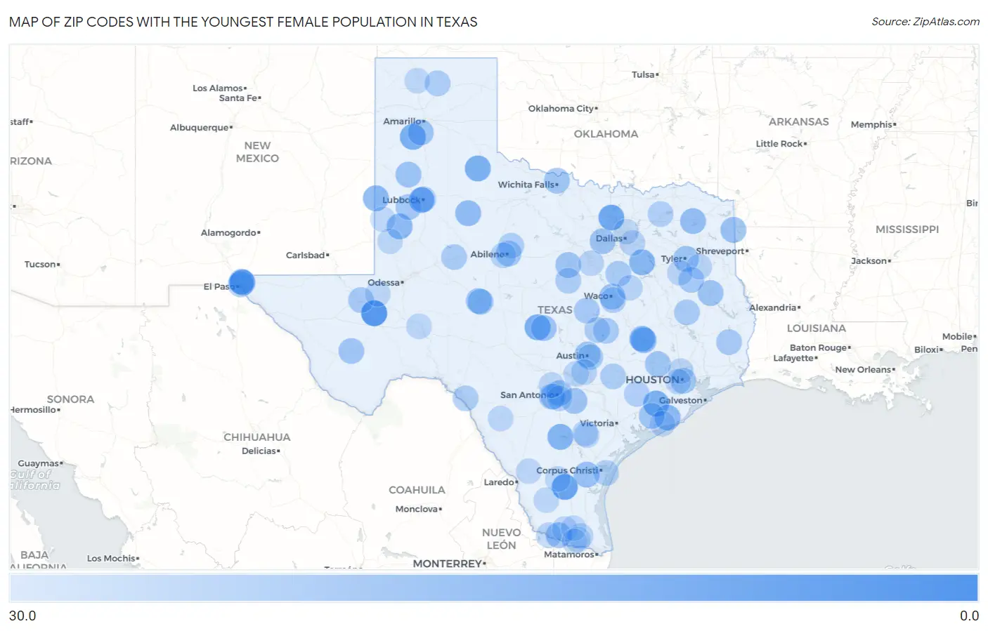 Zip Codes with the Youngest Female Population in Texas Map