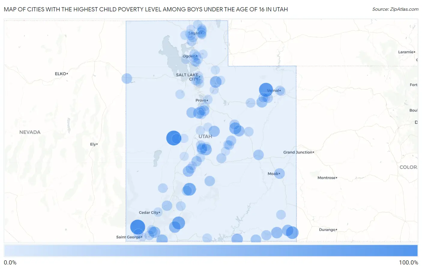 Cities with the Highest Child Poverty Level Among Boys Under the Age of 16 in Utah Map
