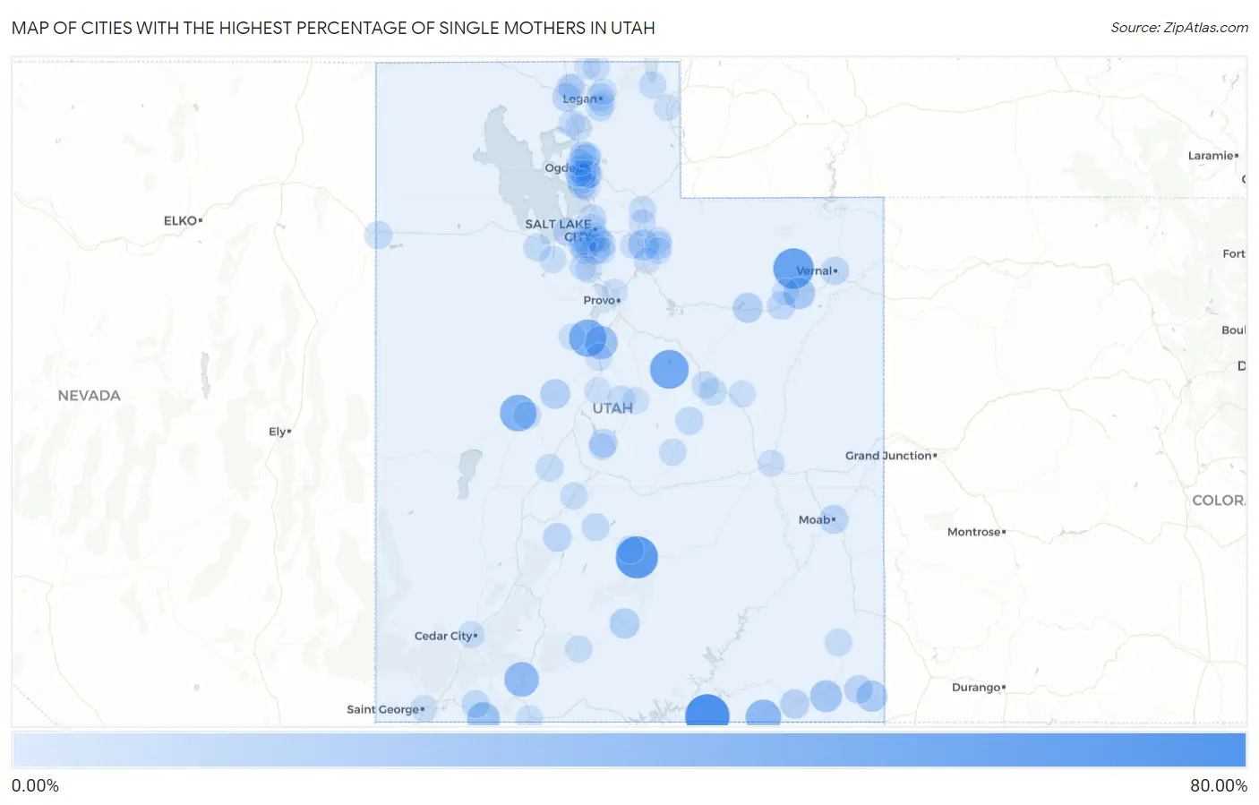 Cities with the Highest Percentage of Single Mothers in Utah Map