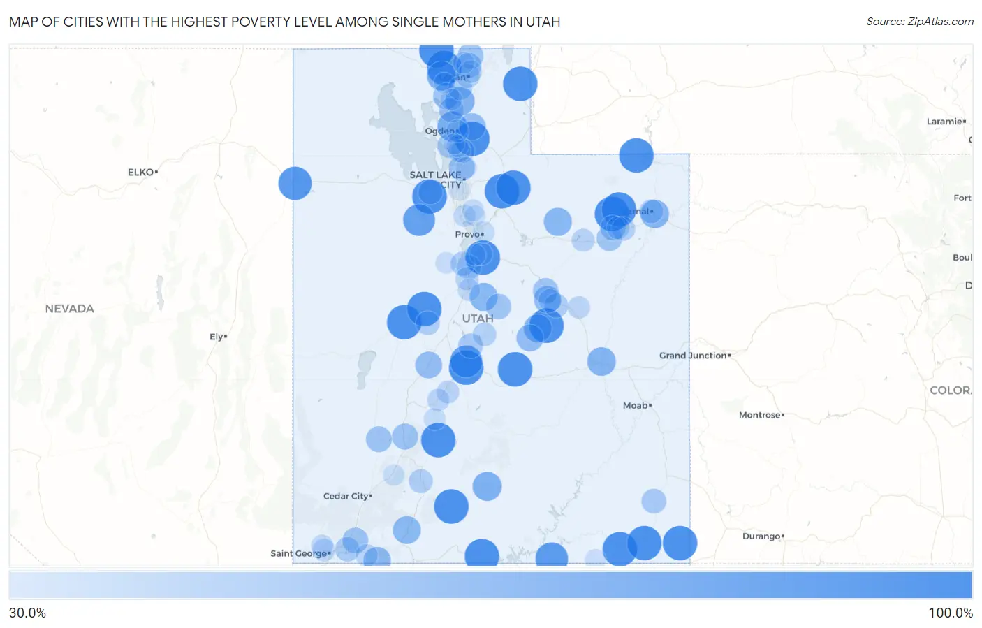 Cities with the Highest Poverty Level Among Single Mothers in Utah Map