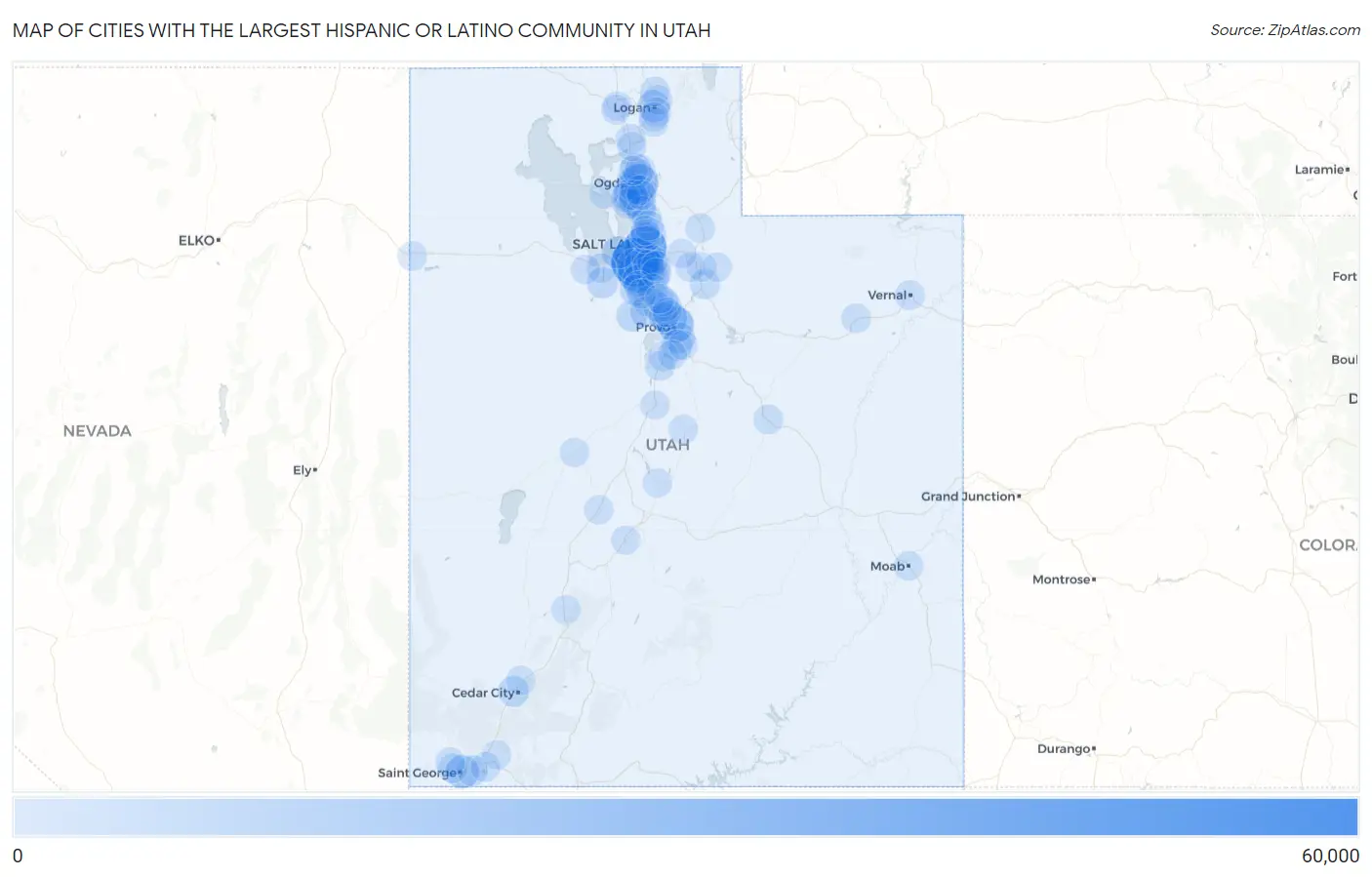 Cities with the Largest Hispanic or Latino Community in Utah Map