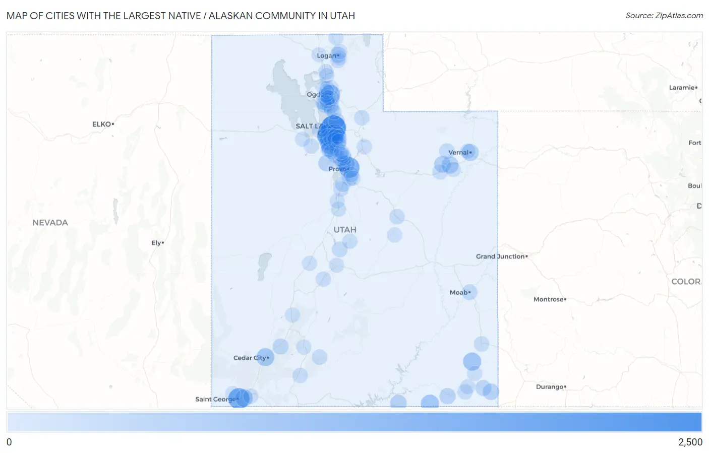 Cities with the Largest Native / Alaskan Community in Utah Map