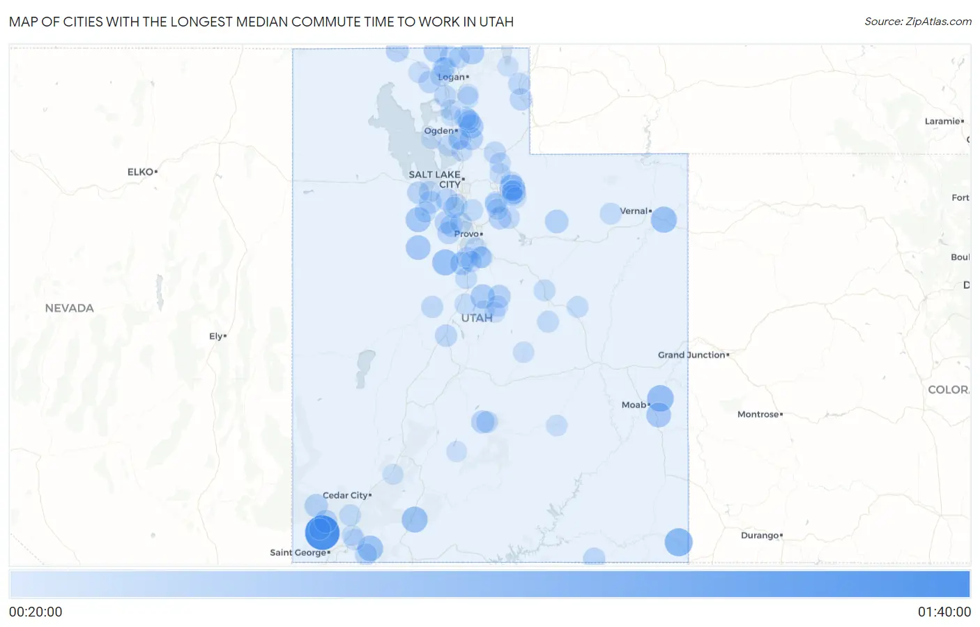 Cities with the Longest Median Commute Time to Work in Utah Map