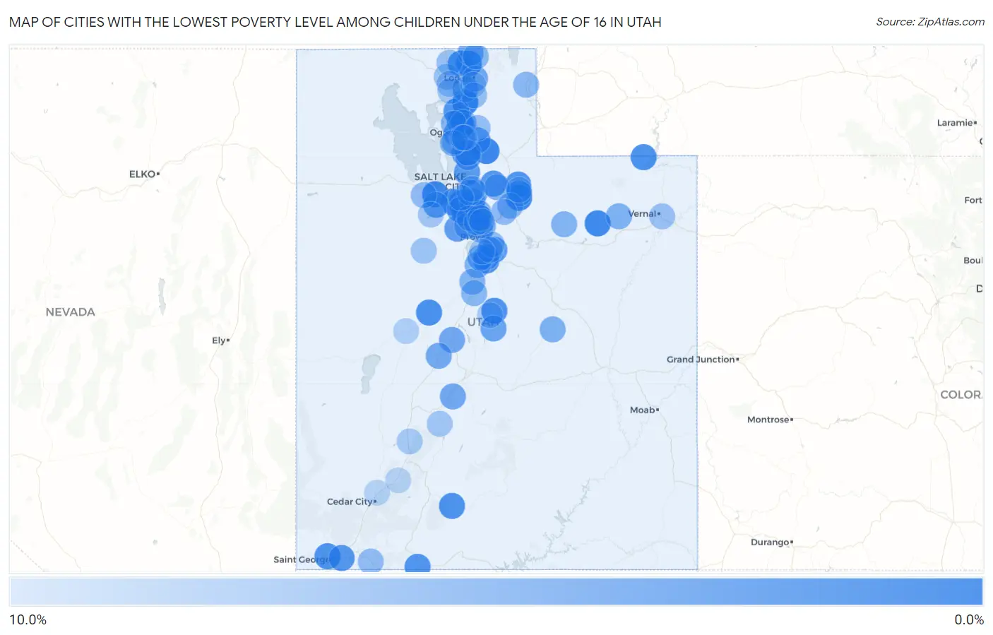 Cities with the Lowest Poverty Level Among Children Under the Age of 16 in Utah Map