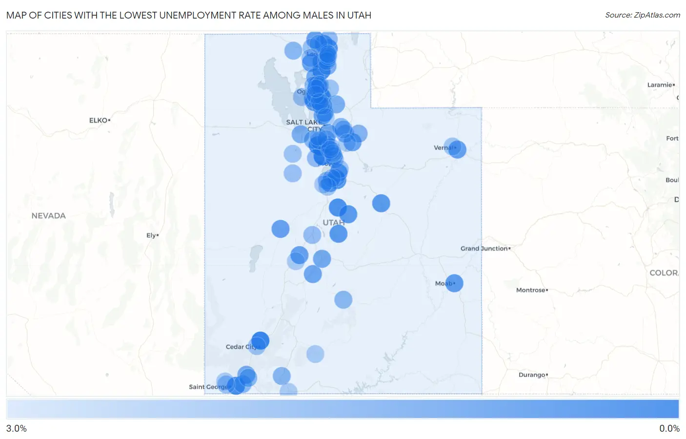 Cities with the Lowest Unemployment Rate Among Males in Utah Map