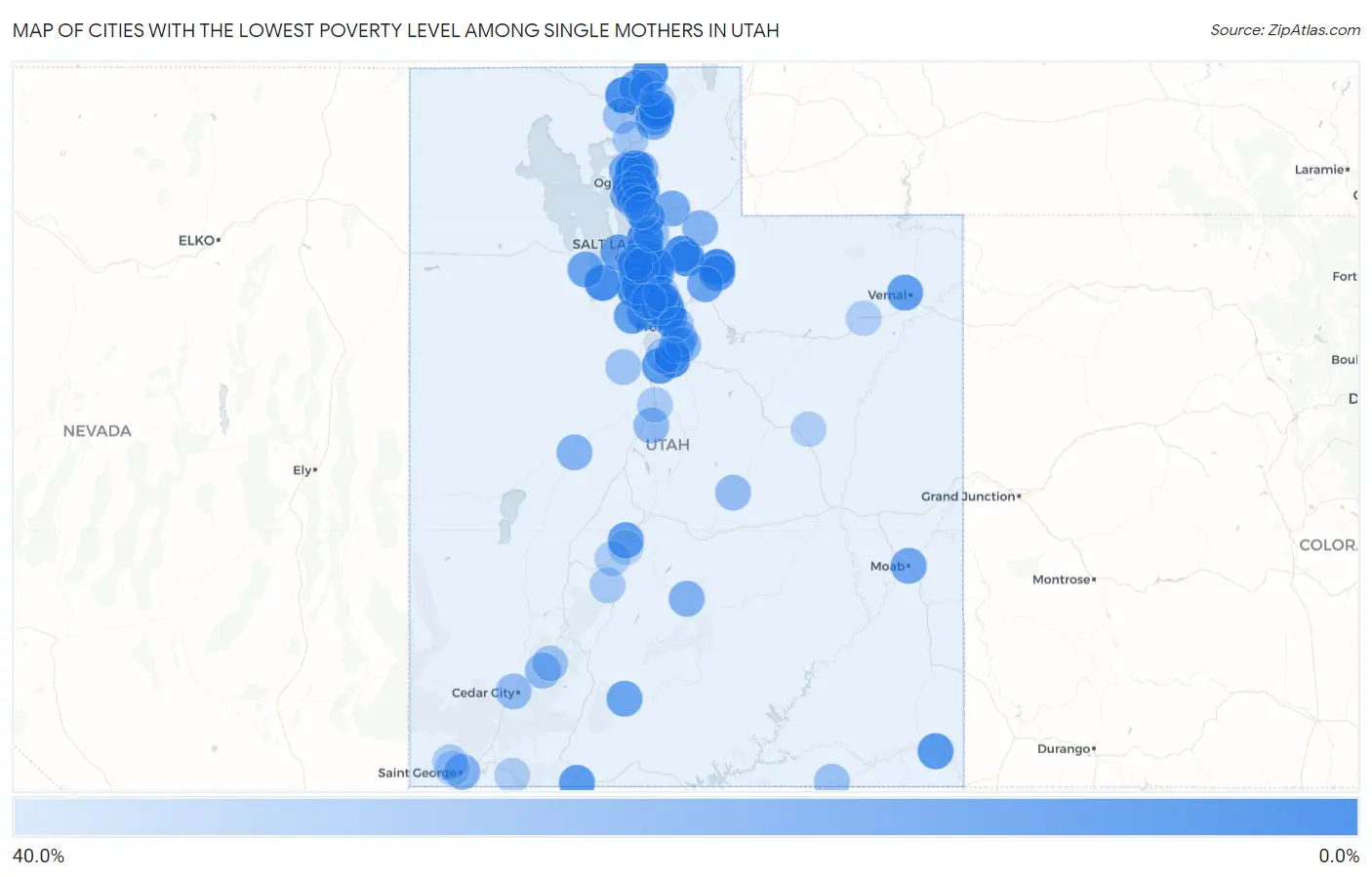 Cities with the Lowest Poverty Level Among Single Mothers in Utah Map