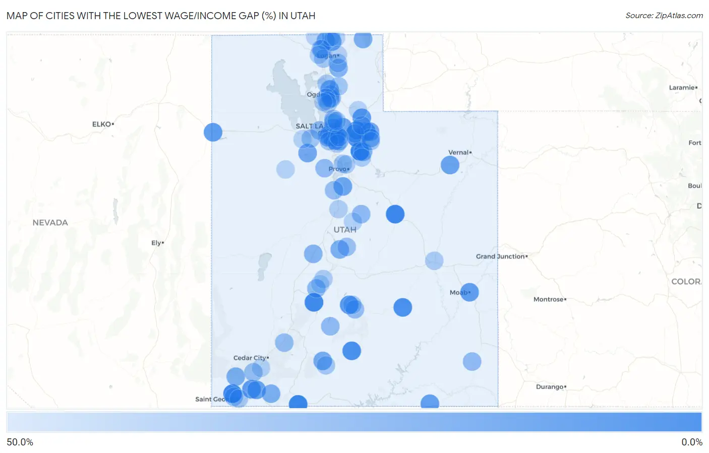 Cities with the Lowest Wage/Income Gap (%) in Utah Map