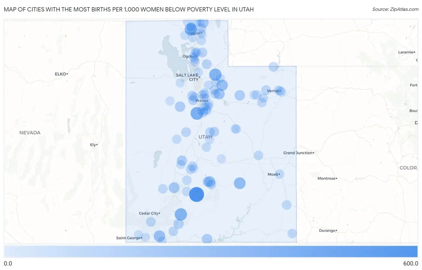 Cities with the Most Births per 1,000 Women Below Poverty Level in Utah Map