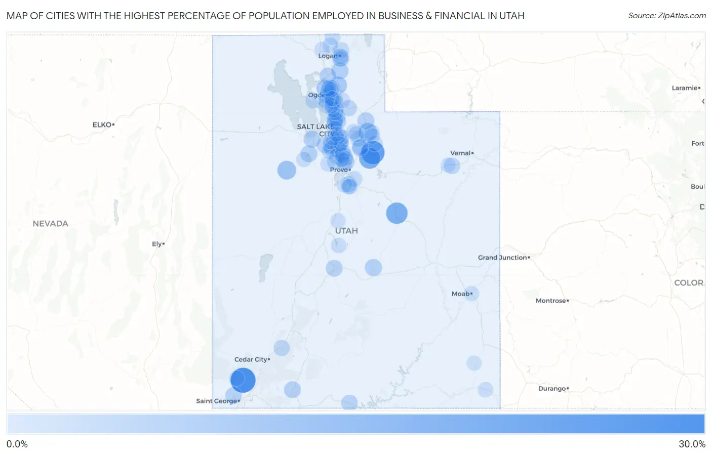 Cities with the Highest Percentage of Population Employed in Business & Financial in Utah Map