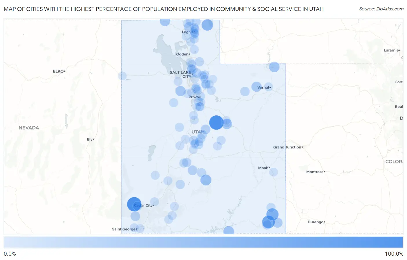 Cities with the Highest Percentage of Population Employed in Community & Social Service  in Utah Map