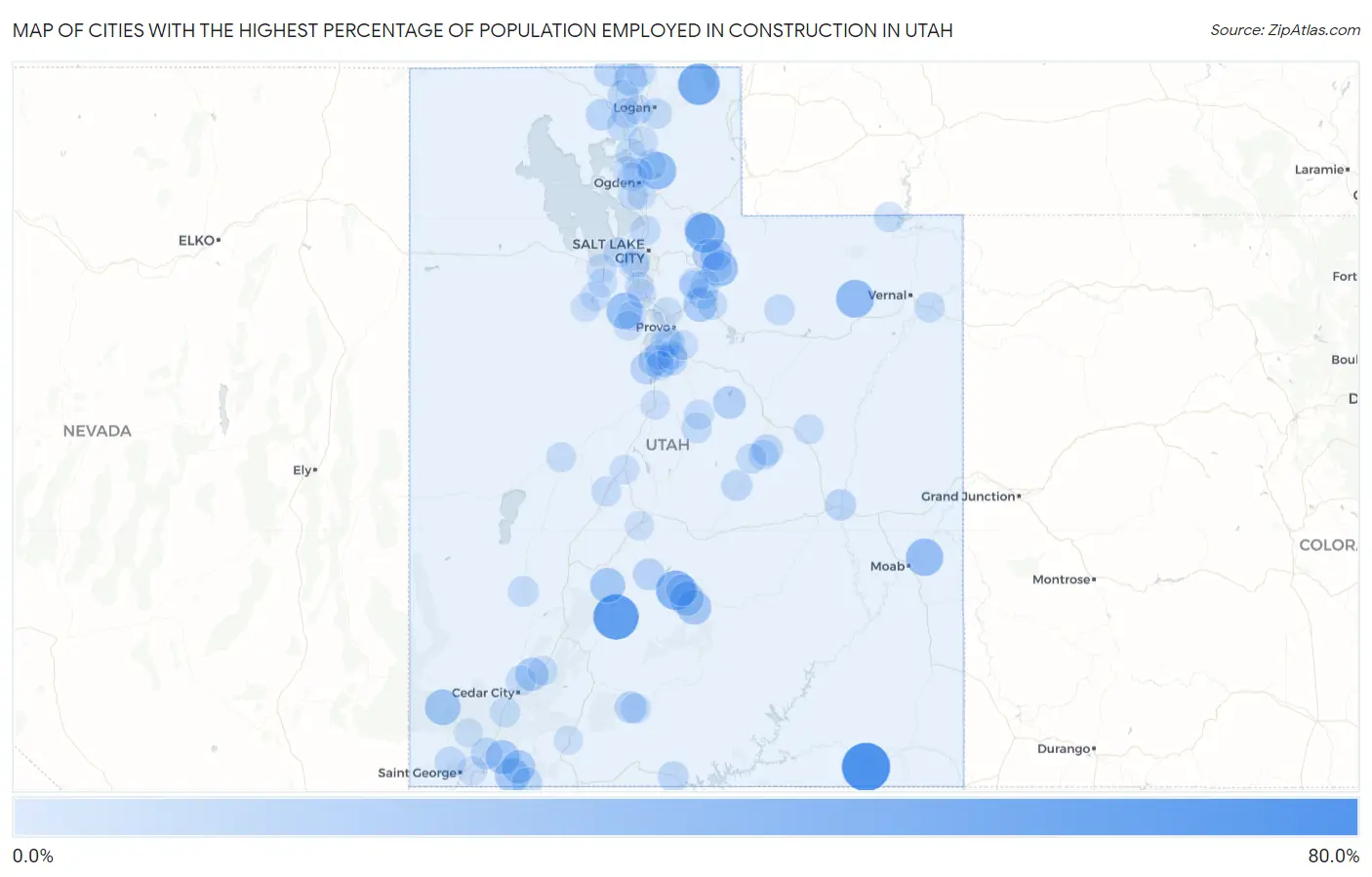 Cities with the Highest Percentage of Population Employed in Construction in Utah Map
