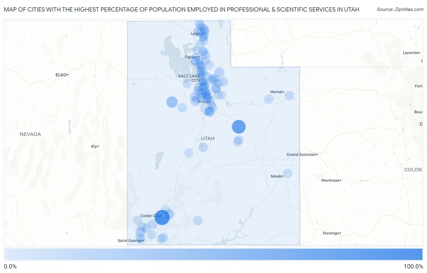 Cities with the Highest Percentage of Population Employed in Professional & Scientific Services in Utah Map