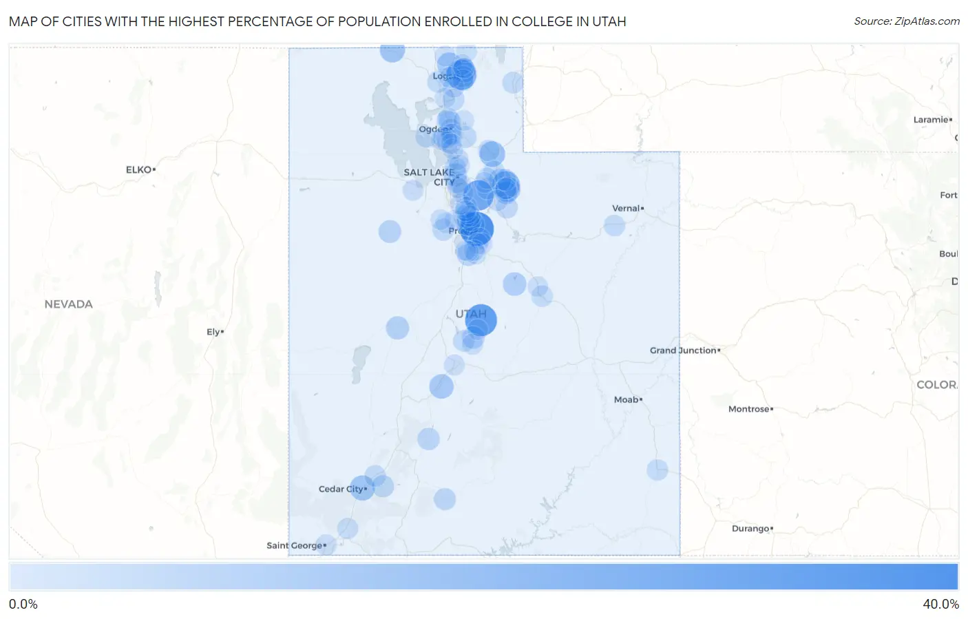 Cities with the Highest Percentage of Population Enrolled in College in Utah Map