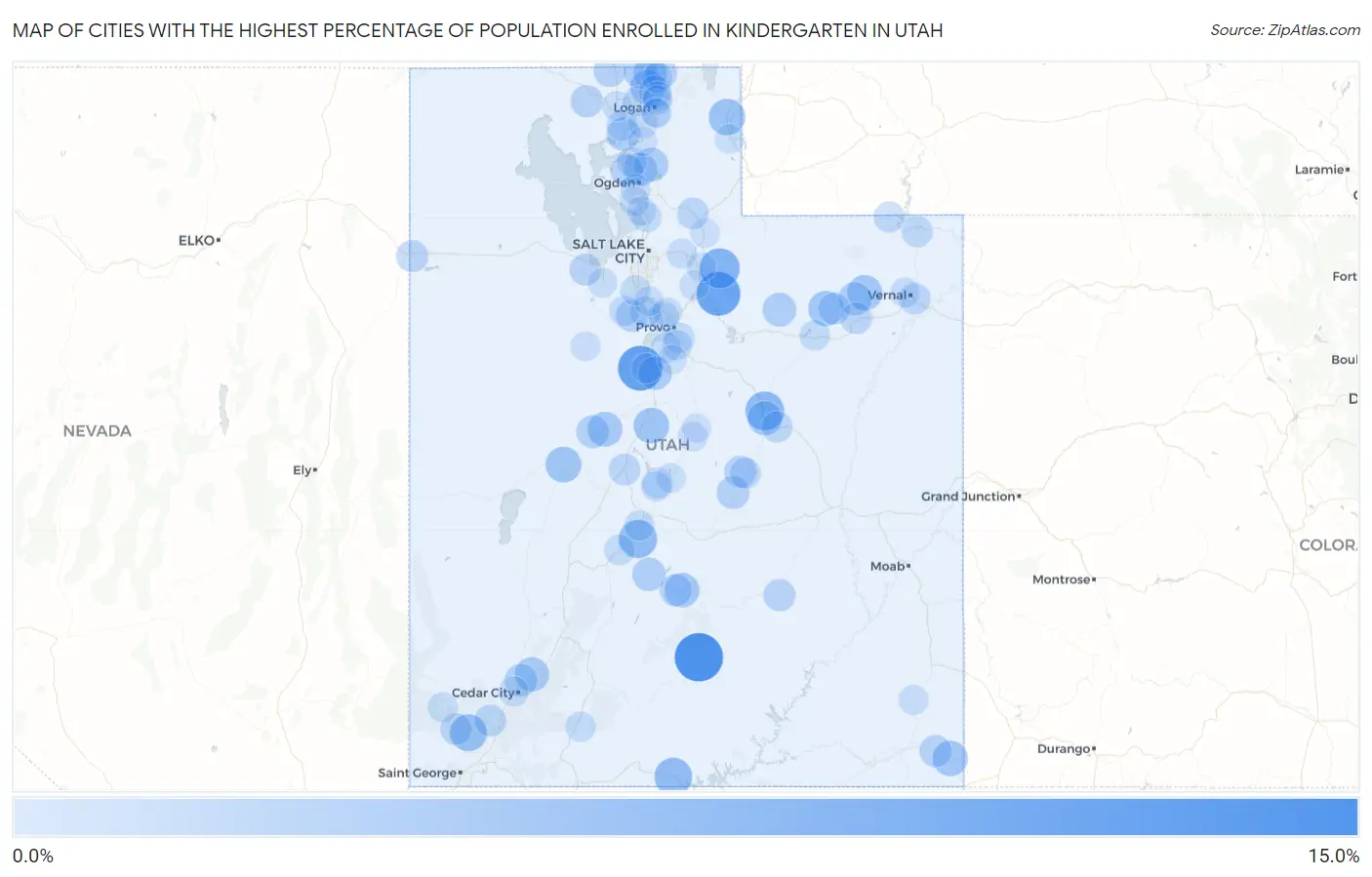 Cities with the Highest Percentage of Population Enrolled in Kindergarten in Utah Map