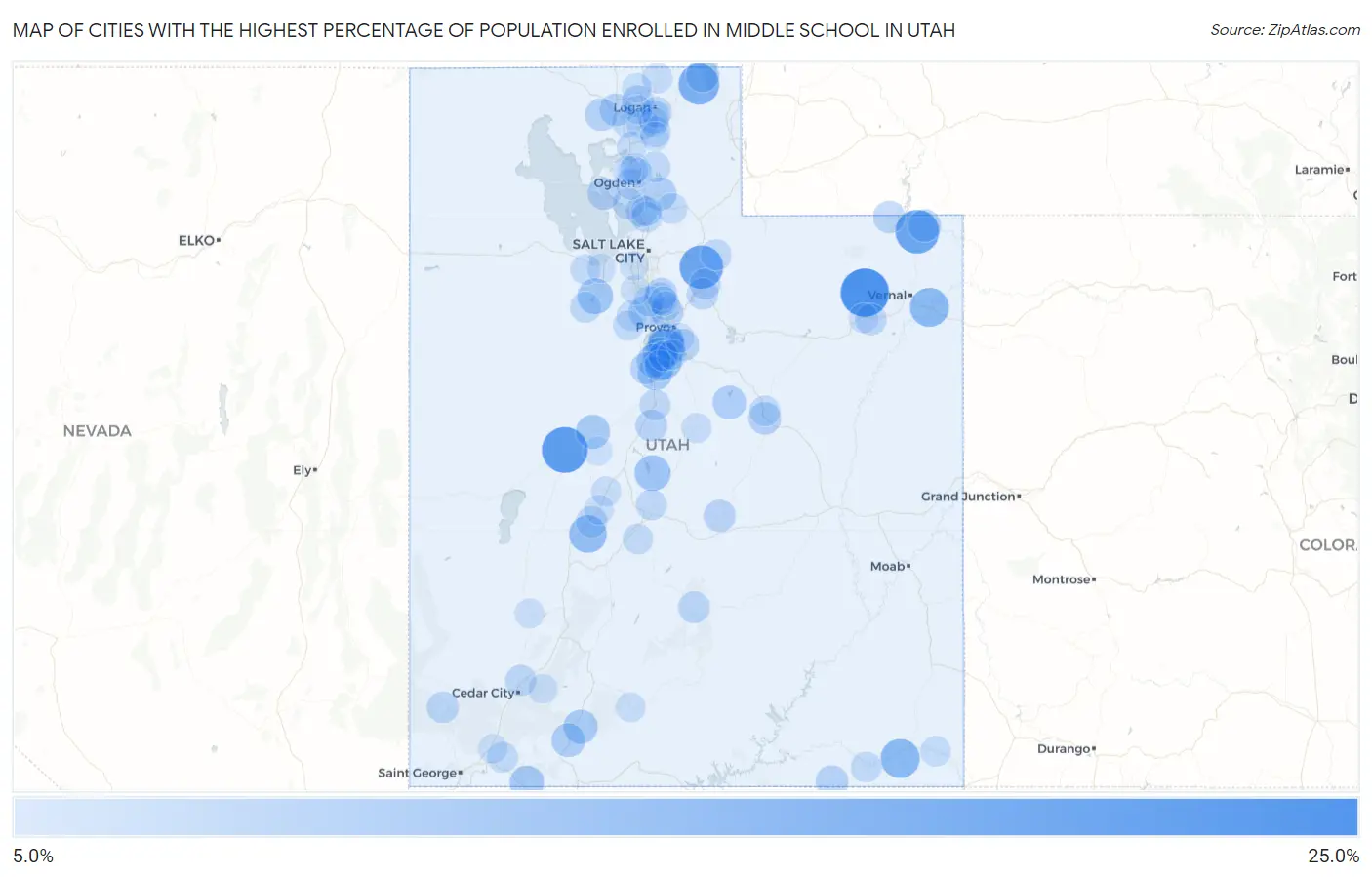 Cities with the Highest Percentage of Population Enrolled in Middle School in Utah Map