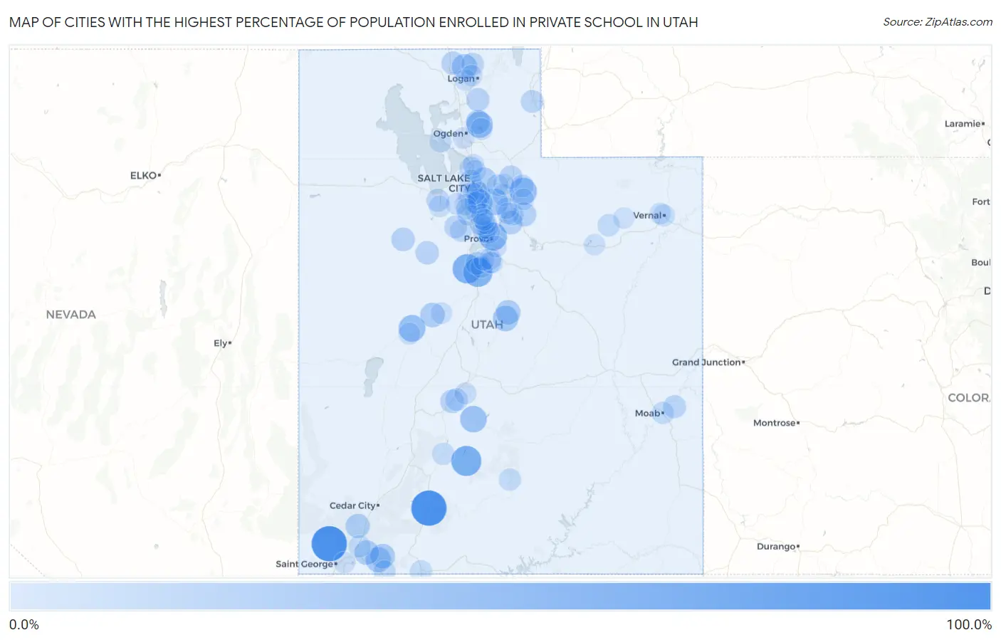 Cities with the Highest Percentage of Population Enrolled in Private School in Utah Map