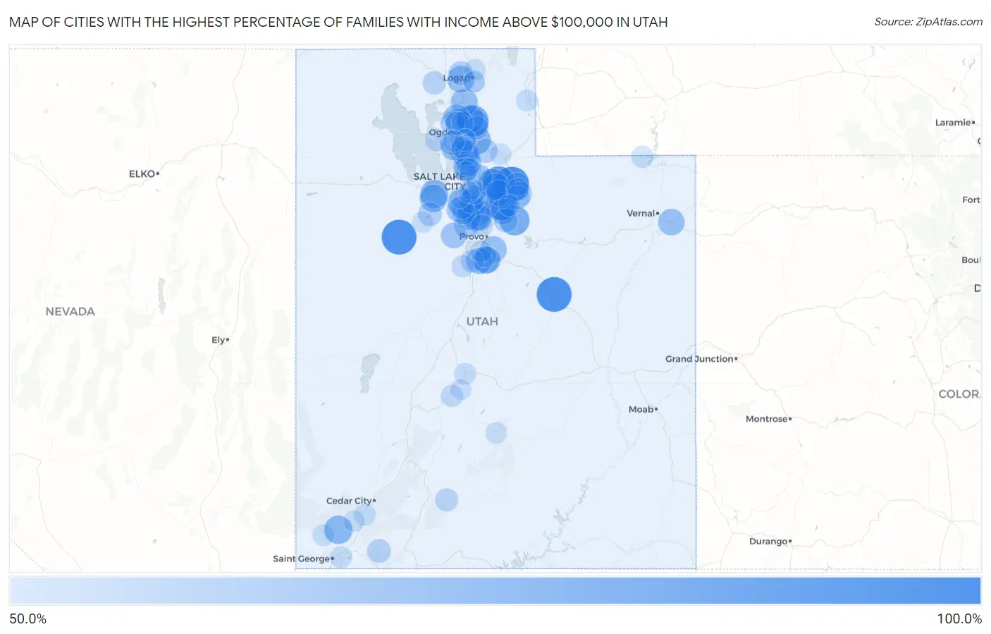 Cities with the Highest Percentage of Families with Income Above $100,000 in Utah Map