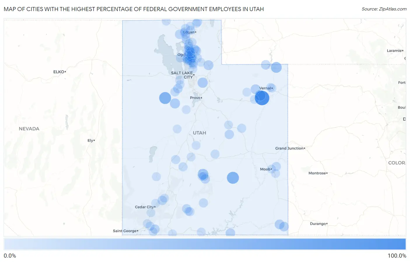Cities with the Highest Percentage of Federal Government Employees in Utah Map