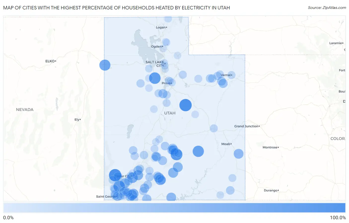 Cities with the Highest Percentage of Households Heated by Electricity in Utah Map