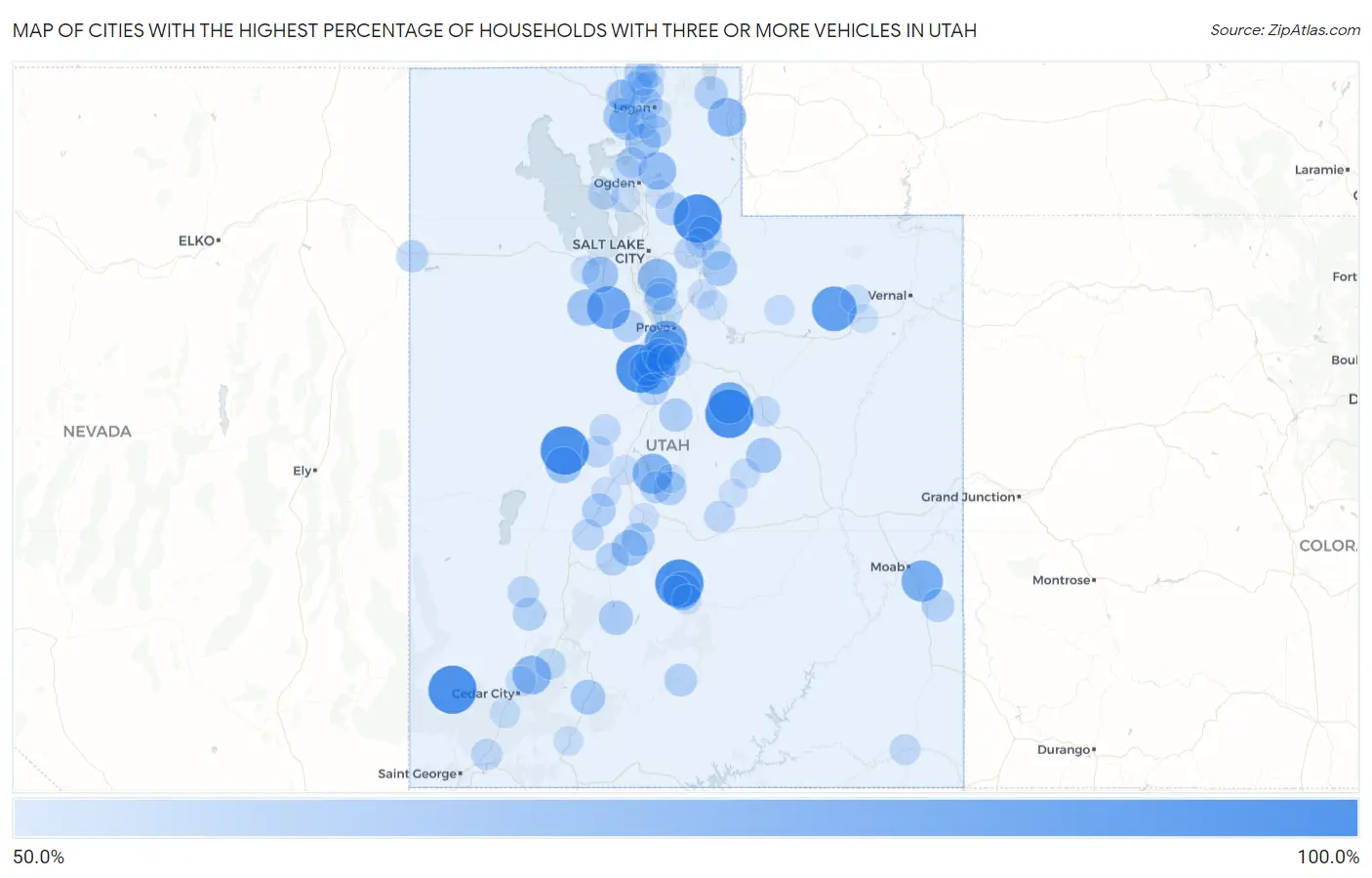 Cities with the Highest Percentage of Households With Three or more Vehicles in Utah Map