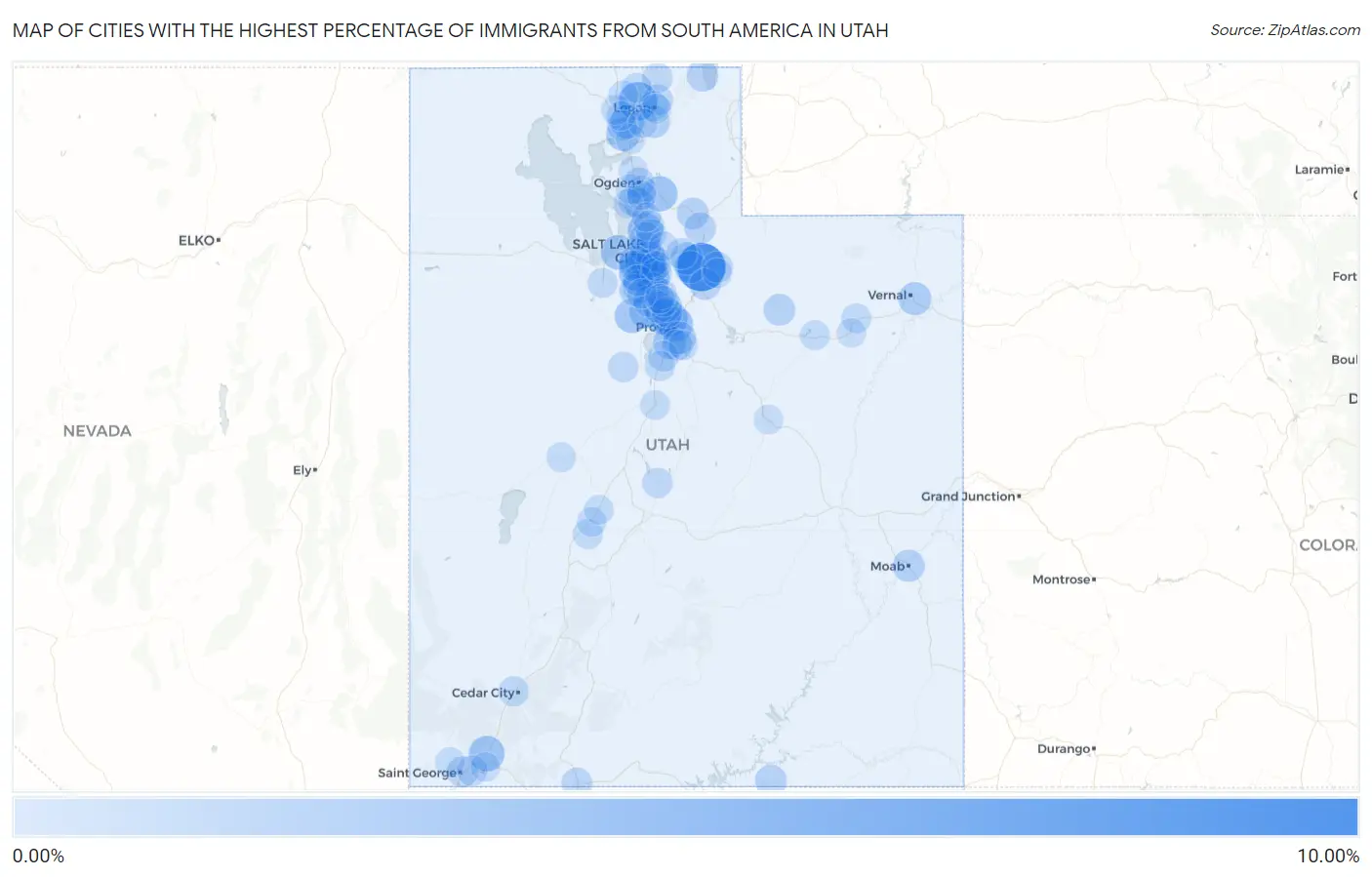 Cities with the Highest Percentage of Immigrants from South America in Utah Map